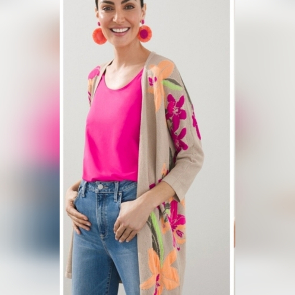 Chico's Beige Cardigan with Pink and Orange Floral Design.